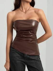 SHEIN Tall Women's Fashionable Pleated Fitted PU Leather Tube Top, Summer,Brown Top - Brown - View 4