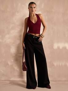 SHEIN BAE 女式简约纯色露背短款修身背心，夏季 - 酒紅色 - 查看 8