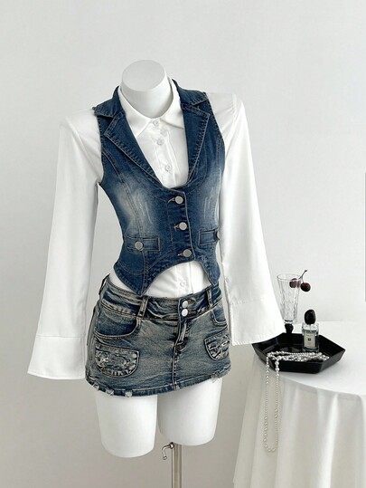 Elamini 女士休闲时尚街头翻领不对称下摆无袖单排扣牛仔衬衫，夏季