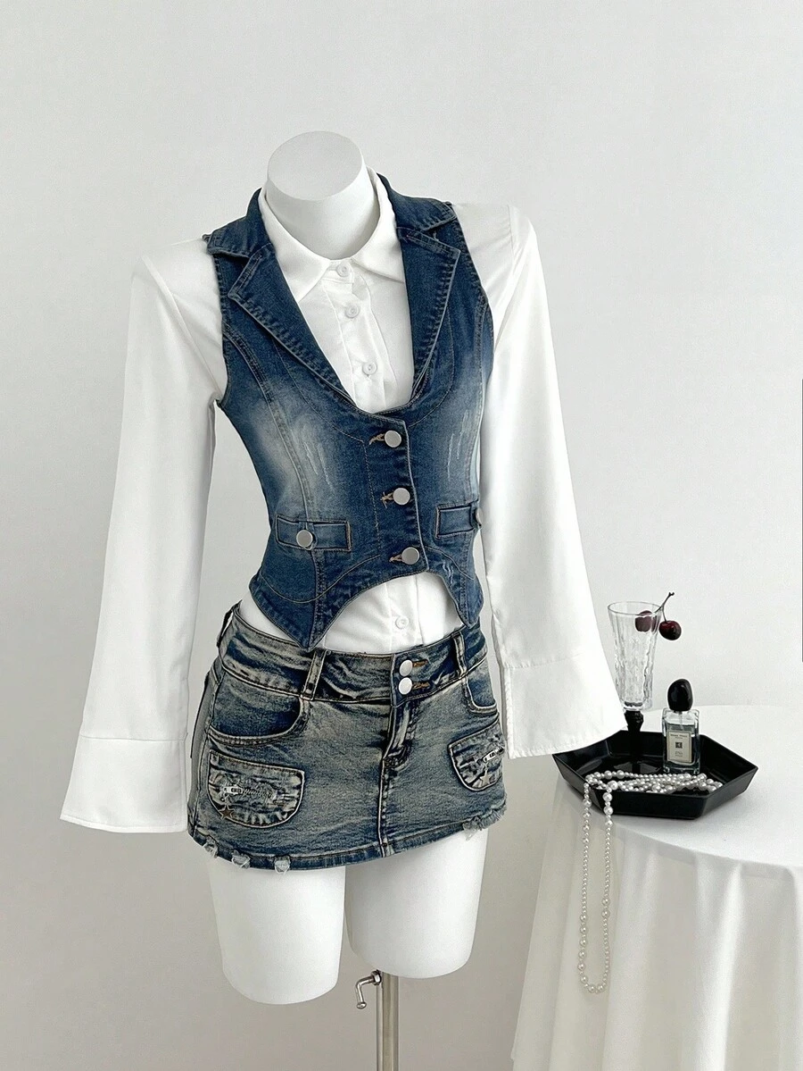 Elamini 女士休闲时尚街头翻领不对称下摆无袖单排扣牛仔衬衫，夏季 - 藍色 - 查看 1