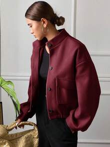 DAZY 女式休闲纯色立领口袋短款夹克，秋季 - 紫紅色 - 查看 3