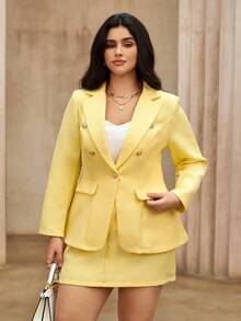 Flirla Conjunto de 2 Peças Plus Size: Elegante Blazer de Tweed de Manga Longa Ajustado + Conjunto de Saia Mini Chique e da Moda, Casual Executivo