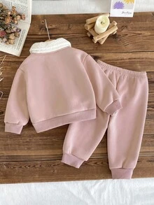 2pcs/Set Baby Girl Cute Dusty Pink Outfit,Plush Collar Long Sleeve Top + Plush Heart Decor Pants,Comfortable Autumn Winter Daily Wear Fall Clothing - Pink - View 2
