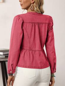 EMERY ROSE Women's Autumn Denim Jacket With Ruffle Hem And Single-Breasted Design - Red - View 2