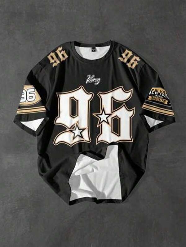 SHEIN 青少年男孩休闲简约时尚经典运动数字 96 图形印花圆领短袖 T 恤，适合夏季