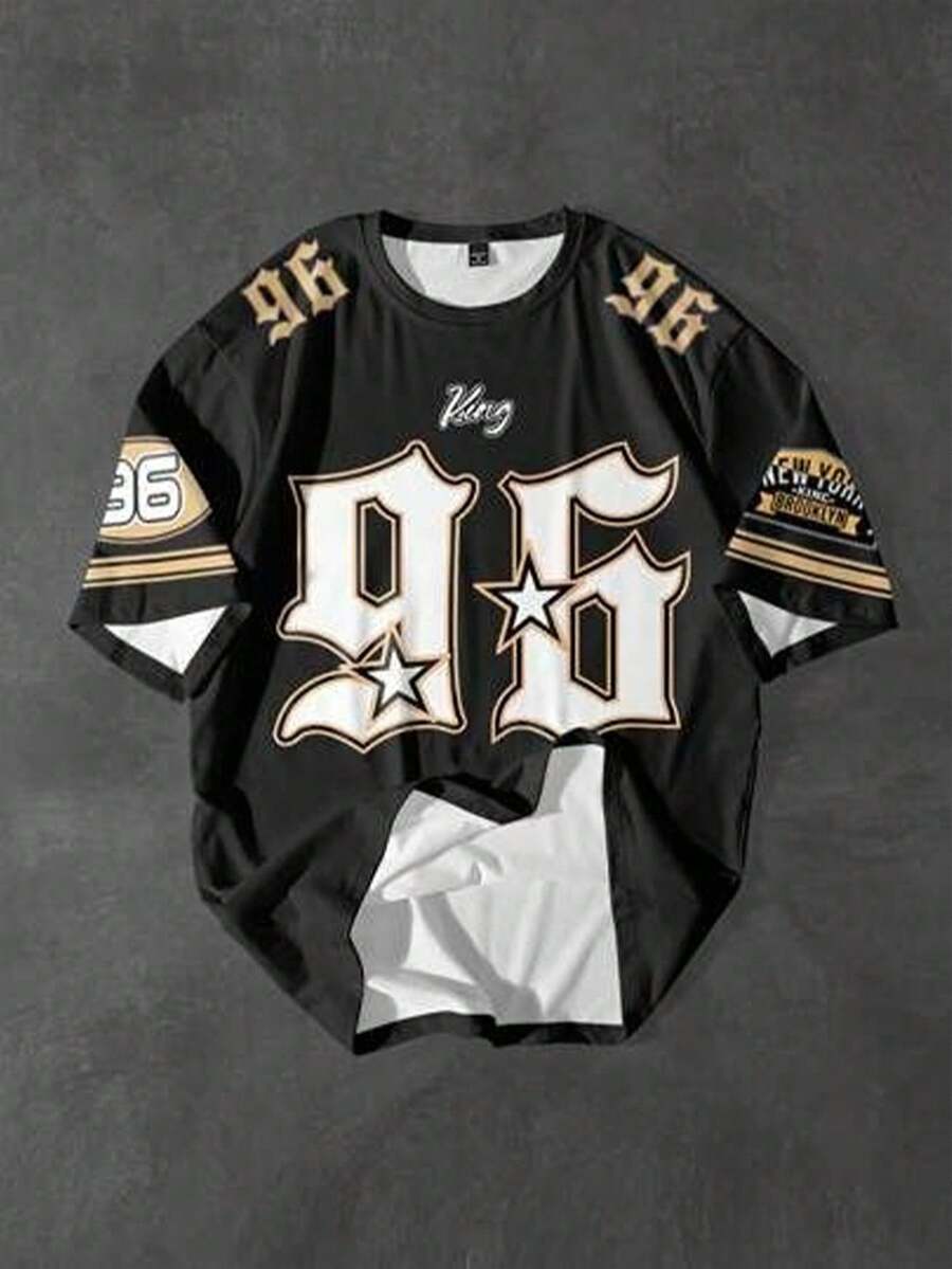 SHEIN 青少年男孩休闲简约时尚经典运动数字 96 图形印花圆领短袖 T 恤，适合夏季 - 彩色 - 查看 1