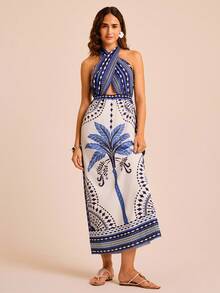 CAJUNI Backless Geometric Palm Tree Print Dress, Sexy For Vacation - Multicolor - View 4