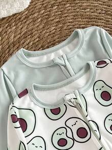 新生儿柔软舒适牛油果印花拉链连体衣、长袖和裤子两件套 - 綠色 - 查看 4