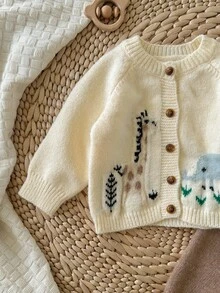 SHEIN 新生儿卡通动物图案纽扣前开衫，休闲日常穿着，秋冬 - 杏色 - 查看 5