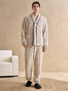 EverLounge 男士撞色滚边纽扣前开襟法兰绒家居服睡衣套装，秋冬装，蓬松舒适 - 彩色 - 查看 3