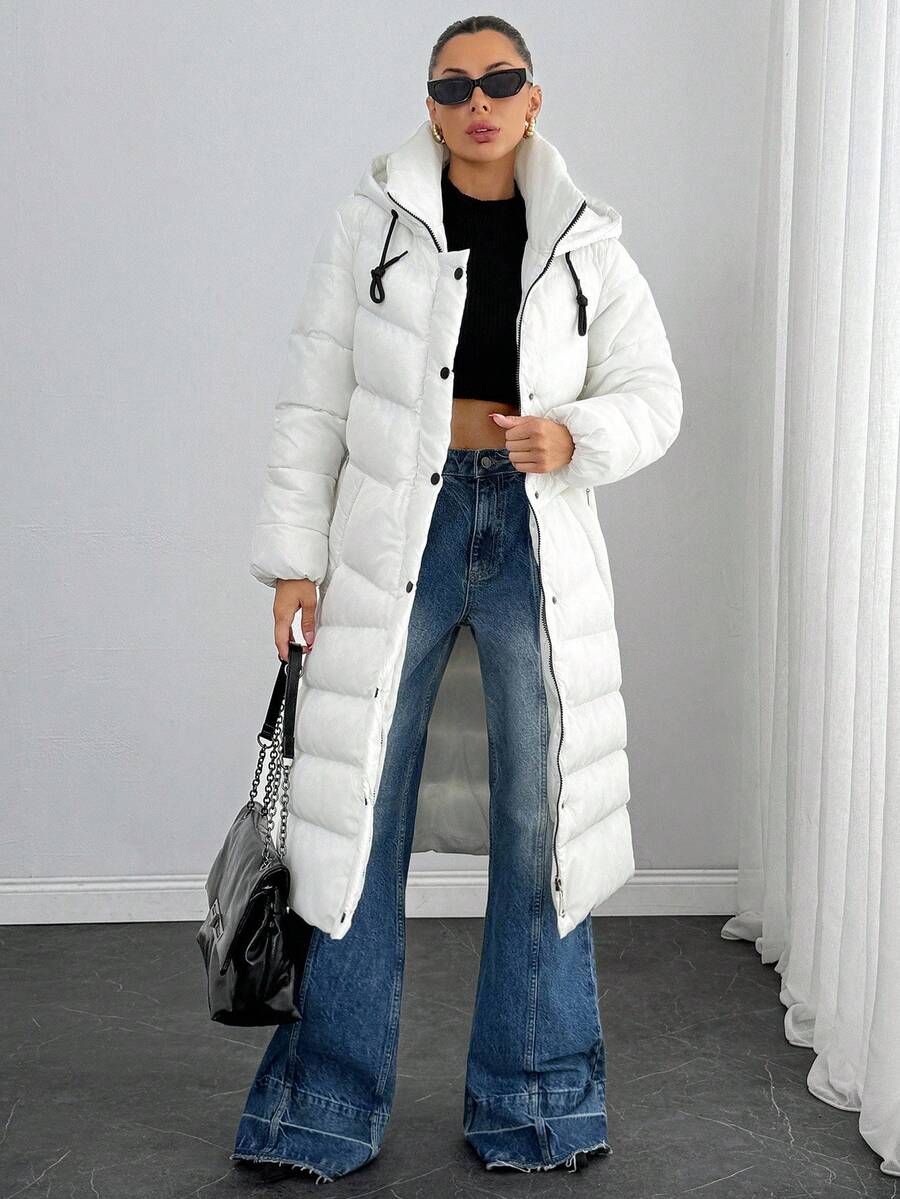 Rafferiza Women's Quilted Padded Coat With Hood And High Neck And Functional Pockets, Warm Winter Outerwear Everyday Travel White Casual - Cream - View 1