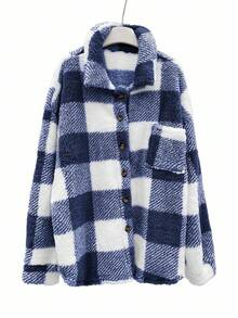 INAWLY 女式撞色格子长袖常规夹克 - 寶藍色 - 查看 6