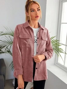 SHEIN LUNE Pocket Front Cord Shirt,Long Sleeve Tops,Casual - Dusty Pink - View 3