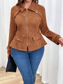 SHEIN Clasi Plus Size Casual Commuter Vintage Jacket, Autumn/Winter - Mocha Brown - View 5