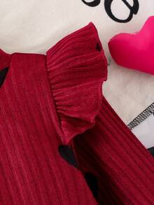 Elladie kids 幼儿秋季长袖圆领盖袖心形印花卡其色上衣和纯黑色裙子两件套复古服装 - 紅色 - 查看 3