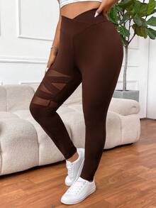 SHEIN PETITE CURVE 大码女式纯色基本款日常打底裤 - 棕色 - 查看 4