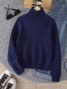 Tween Boys' Casual Sports High Collar Solid Color Pullover Long Sleeve Thermal Lined Knit Sweater Fall Winter - Navy Blue - View 1