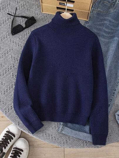 男童休闲运动高领纯色套头长袖保暖针织衫，秋冬季