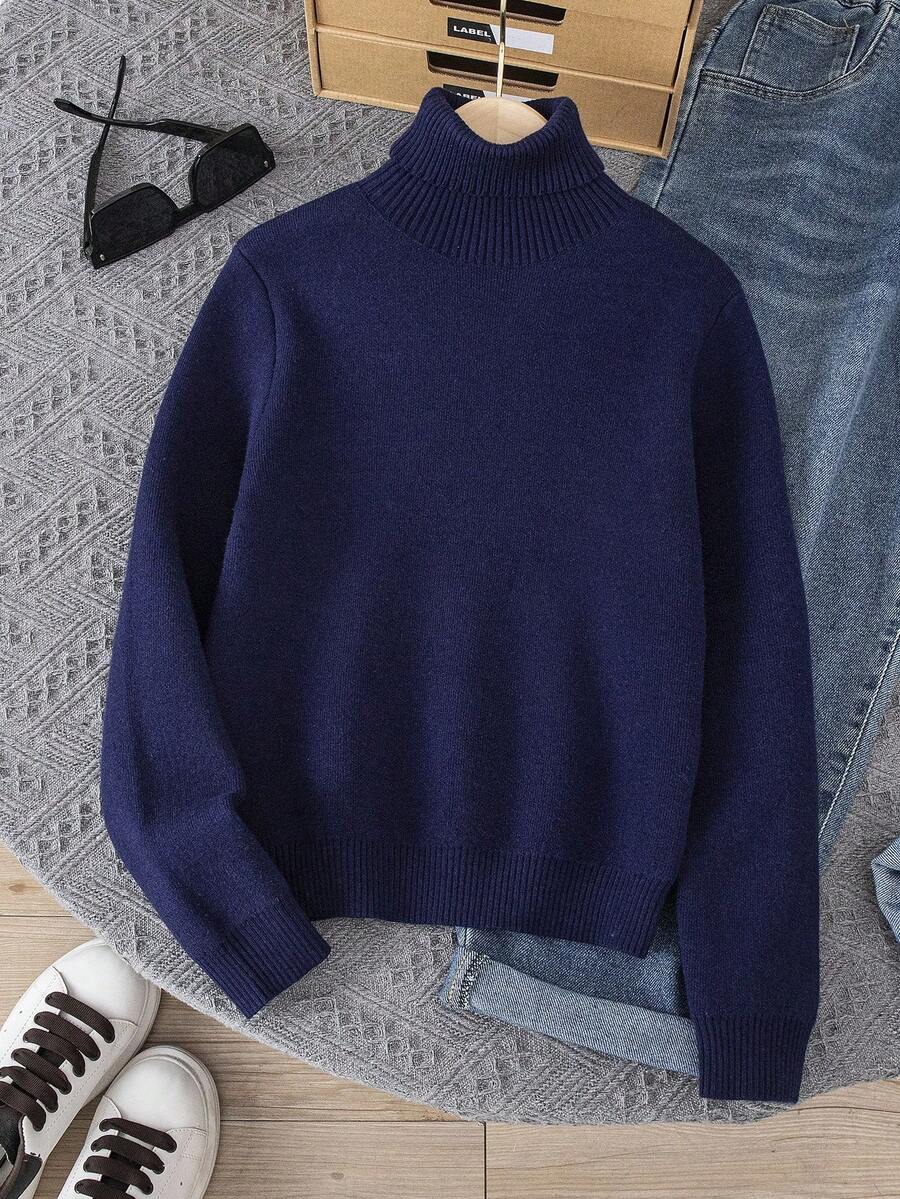 Tween Boys' Casual Sports High Collar Solid Color Pullover Long Sleeve Thermal Lined Knit Sweater Fall Winter - Navy Blue - View 1