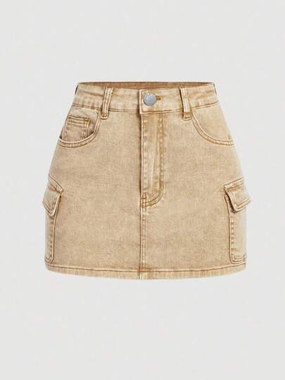 SHEIN MOD Plus Size Casual Washed Denim Cargo Skirt