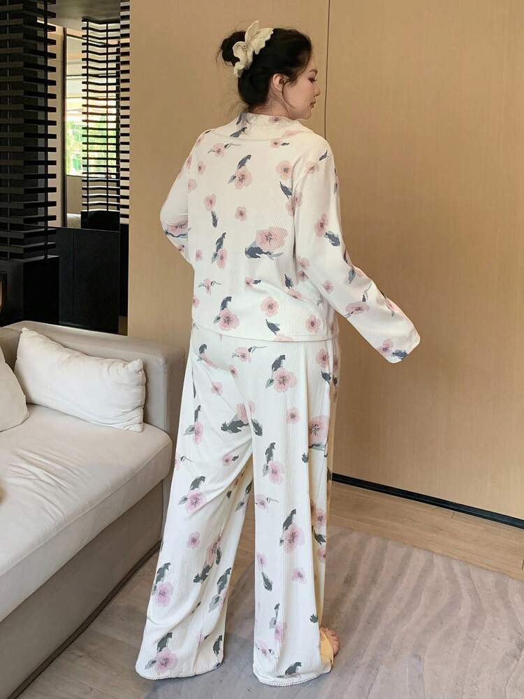 Dazy Plus 2pcs Plus Size Women Floral Print Pajama Set With Peter Pan Collar Top And Pants, Fall Clothes
