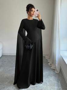 Elenzga 女士优雅中东风格复古法式别致连衣裙，采用收腰分层紧身胸衣，喇叭裙搭配雪纺下摆，长喇叭袖和肩部垂坠细节，适合派对，秋冬季 - 黑色 - 查看 6