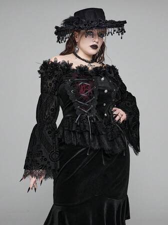 Blouse à col en velours et dentelle gothique élégante avec nœud fleuri, style gothique automne/hiver rouge et noir, Top formel de luxe avec broderie, vêtements d'automne grande taille pour femmes, robe de fête grande taille