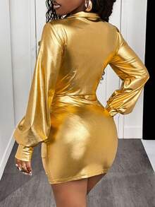 BamGleam Women's Fashionable Sexy Metallic Ruched Bodycon Mini Dress - Gold - View 2