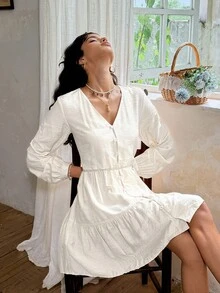 SHEIN Frenchy Women's Casual Solid Color Button Front Mini Dress Winter - Apricot - View 4
