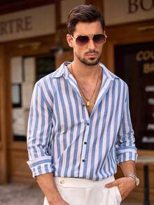 Manfinity NXTstreet Men's Casual Woven Blue & White Striped Long Sleeve Loose Fit Shirt, Suitable For Everyday Wear, Fall - Blue and White - View 4