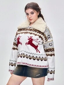 ROMWE Kawaii Cardigan tricotat cu model Argyle de reni și fulgi de zăpadă, mărime plus, pentru femei, toamnă/iarnă, pentru vacanță