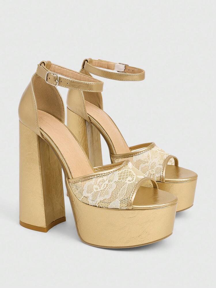 CUCCOO LuxiPop Women's Outdoor Round Toe Thick High Heel Waterproof Platform Shoes, Gold Embroidered Decor, Gold Mesh Material, Fashion Elegant Comfortable Daily Party Banquet Sandals With Buckle Strap