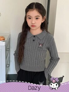 DAZY HELLO KITTY AND FRIENDS | SHEIN 少女卡通刺绣麻花针织圆领毛衣 - 灰色 - 查看 1