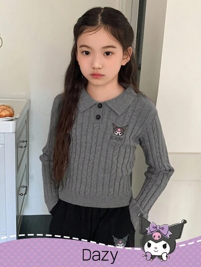 DAZY HELLO KITTY AND FRIENDS | SHEIN 少女卡通刺绣麻花针织圆领毛衣