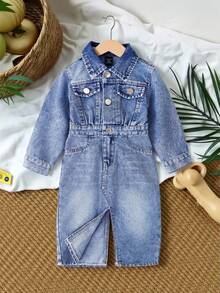 SHEIN Vintaside Kids Baby Girls' Denim Dress, Spring & Autumn New Arrival, Blue Denim With Slit Hem, Casual, Chic, Versatile, Suitable For School, Party, Daily Wear, Vacation, Commute, Home Fall Winter - Medium Wash - View 3