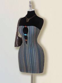 SHEIN ICON Robe mini crochetée de festival, bandeau, tenue de plage hippie bohème, découpée, d'été, pour club de plage, crop top sans bretelles, tricotée, tenue de vacances et de villégiature - Multicolore - Voir 4