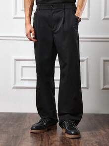 SUMWON 宽松斜纹布裤，前褶经典商务休闲正装裤，办公室穿着，高腰阔腿 - 黑色 - 查看 4