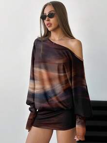 Aloruh 性感紧身迷你连衣裙，扎染肩部镂空和全身印花，棕色纹理迷你连衣裙，适合秋季穿着，复古做旧风格连衣裙，适合派对、音乐节、俱乐部聚会 - 彩色 - 查看 3