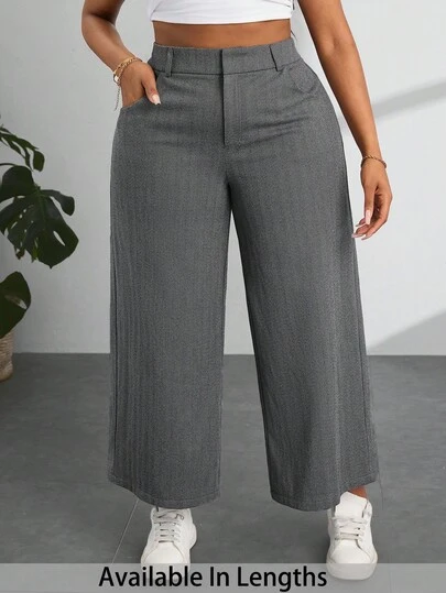 SHEIN PETITE CURVE 女士加大码灰色纯色通勤休闲/办公室装/老款风格/时尚外出/秋冬保暖羊毛斜纹直筒裤/冬季女裤，夏季女裤，图案女裤，演唱会女裤，狂欢节女裤，街头女裤，毕业女裤