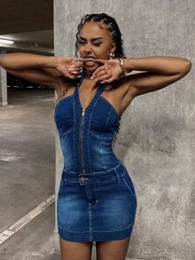 StreetHx 女式拉链合身牛仔挂脖连衣裙 - 藍色 - 查看 8