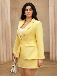 Flirla Conjunto de 2 Peças Plus Size: Elegante Blazer de Tweed de Manga Longa Ajustado + Conjunto de Saia Mini Chique e da Moda, Casual Executivo