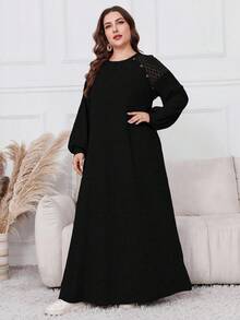 Al Najma 加大码毛绒拼布长款休闲连衣裙，秋冬款，休闲端庄束腰连衣裙，适合日常休闲/居家长款女装 - 黑色 - 查看 6