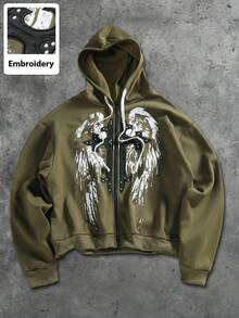 ROMWE MEN Goth Men's Graphic Embroidered Zip Up Hooded Sweatshirt, Street Style American Patch Design, Fall Winter - Green - View 3