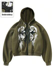 ROMWE MEN Goth Men's Graphic Embroidered Zip Up Hooded Sweatshirt, Street Style American Patch Design, Fall Winter - Green - View 4
