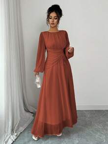 Elenzga 女士春夏法式浪漫西西里优雅休闲通勤度假下午茶派对圆领褶皱腰抽绳 A 字形松紧腰长袖长裙 - 鏽棕色 - 查看 5