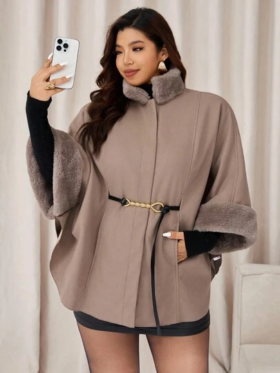 Auralis 大码女装秋冬时尚优雅宽松舒适日常毛绒拼接卡其色斗篷外套配腰带，女装冬装，秋季服装，冬季外套