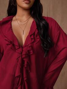 Rustia 大码女式纯色雪纺薄款双荷叶边宽松系带前长袖衬衫 - 酒紅色 - 查看 5