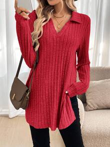 Easowa Women's Turtleneck Long Sleeve Long Length T-Shirt With Textured Rib Knit, Autumn/Winter,Red Top - Red - View 6