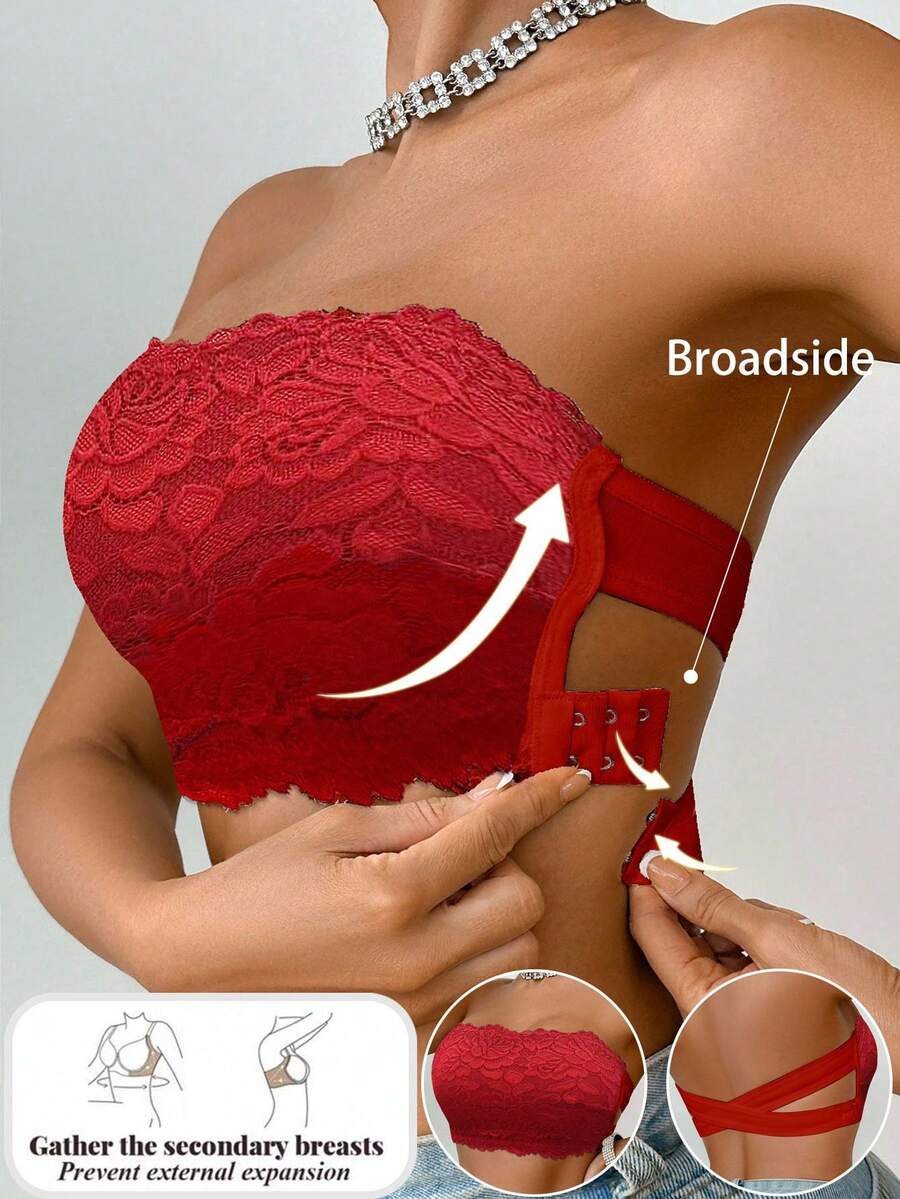 1pc Women Lace Wireless Bandeau Bra - Red - View 1