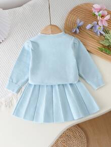 SHEIN Playful Pals 女宝宝可爱3D蝴蝶结针织开衫毛衣和裙子两件套，秋冬 - 淺藍色 - 查看 2